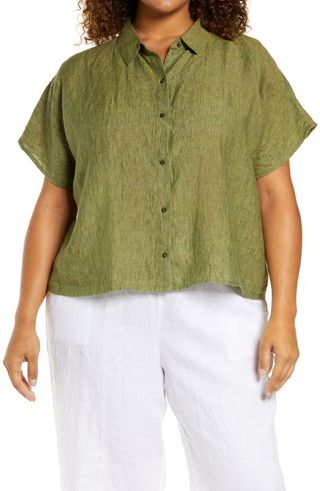 Eileen Fisher + Washed Organic Linen Short Sleeve Shirt
