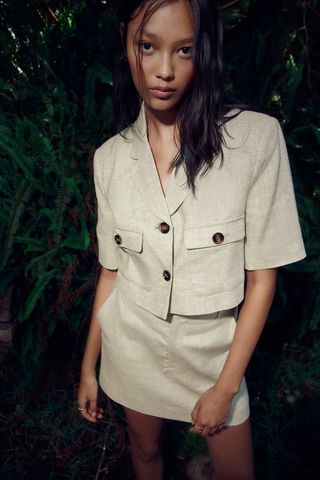 Zara + Linen Blend Cropped Blazer
