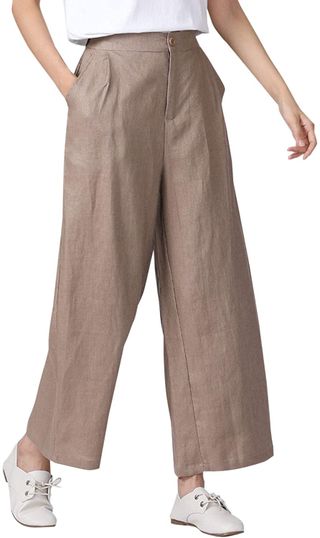 Aeneontrue + 100% Linen Wide Leg Pants Capri Trousers Back with Elastic Waist