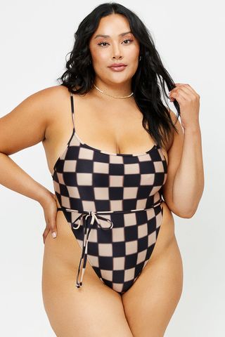 Frankies Bikinis + Croft Satin Cheeky One Piece Swimsuit in Black Checker Print