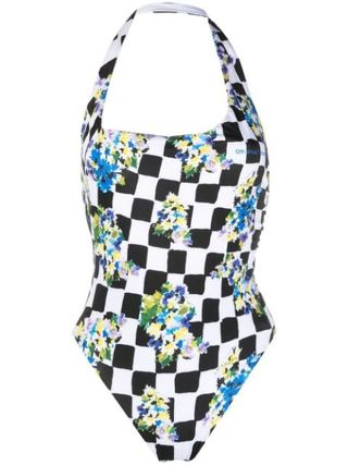 Off-White + One-Shoulder Diamond Check Print Swimsuit