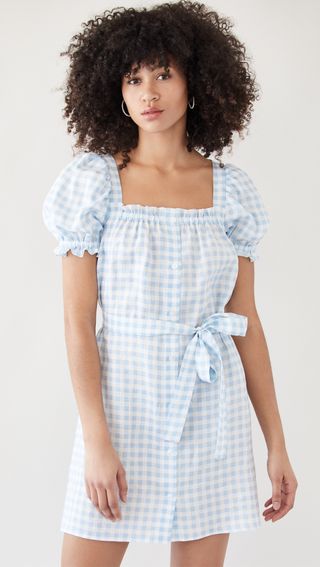 Sleeper + Brigitte Linen Mini Dress in Blue Vichy