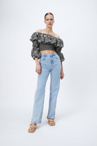 Zara + Embroidered Gingham Top