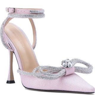 Mach & Mach + Glitter Double Crystal Bow Pointed Toe Pump