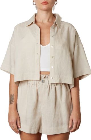 Nia + Crop Linen Button-Up Shirt