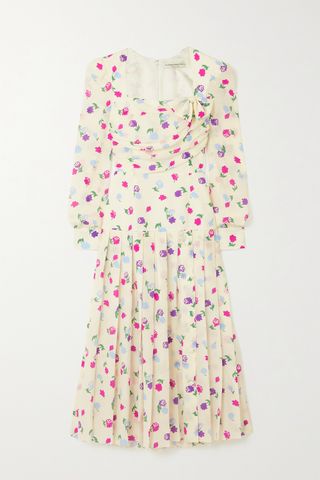Alessandra Rich + Bow-Detailed Pleated Floral-Print Silk-Crepe Midi Dress
