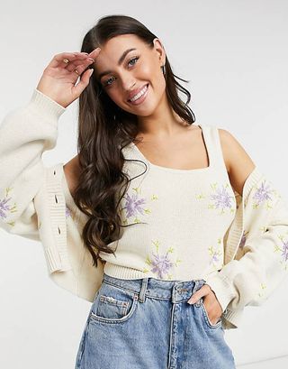 Y.A.S + Knitted Top Twinset With Lilac Floral Embroidery in Cream