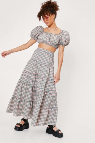 Nasty Gal + Gingham Print Tiered Maxi Skirt