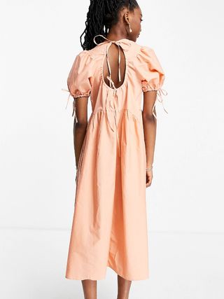 ASOS Design + Cotton Poplin Embroidered Midi Smock Dress With Open Back in Peach