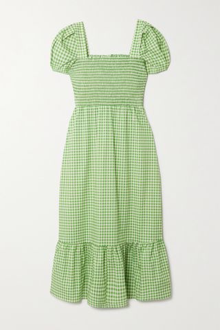 HVN + Shirred Gingham Cotton-Blend Poplin Maxi Dress