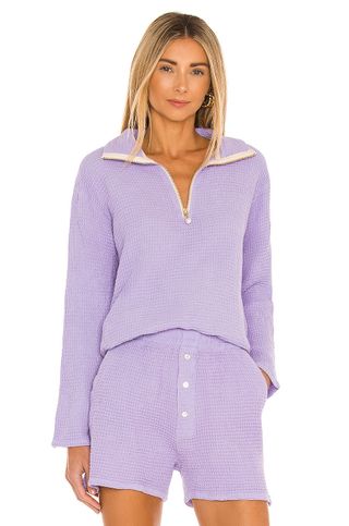 Donni. + Waffle Half Zip Pullover in Lilac