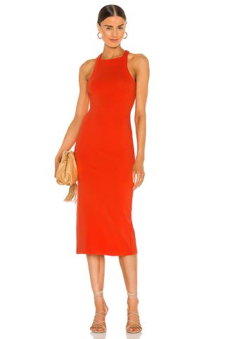 NBD + Hollie Midi Dress in Red Orange