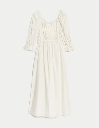 M&S Collection + Pure Cotton Square Neck Midi Waisted Dress in Ivory