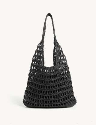 M&S Collection + Straw Drawstring Tote Bag in Black