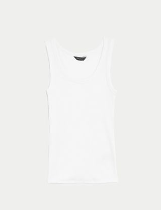 M&S Collection + Cotton Rich Ribbed Slim Fit Vest Top in Soft White