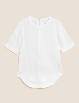 M&S Collection + Pure Linen Round Neck Short Sleeve Boxy Top