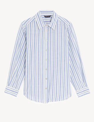 M&S Collection + Pure Cotton Striped Collared Longline Shirt