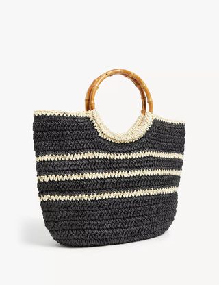 M&S Collection + Straw Bamboo Handle Tote Bag in Black