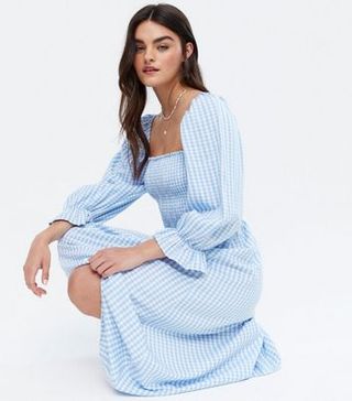 New Look + Pale Blue Gingham Shirred Square Neck Midi Dress