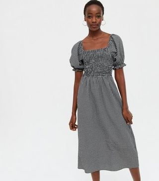 New Look + Tall Black Gingham Shirred Square Neck Midi Dress