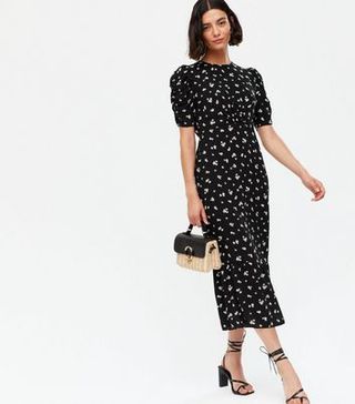 New Look + Black Ditsy Floral Ruched Puff Sleeve Tiered Midi Dress