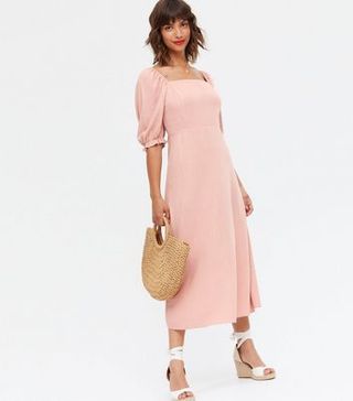 New Look + Pink Linen Look Square Neck Midi Dress