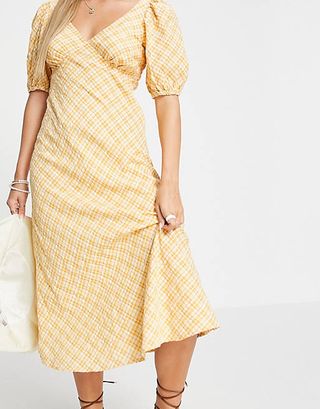 New Look + Puff Sleeve Midi Tea Dress in Yellow Check