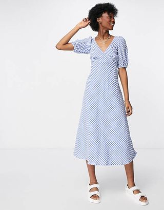 New Look + Puff Sleeve Midi Tea Dress in Blue Gingham