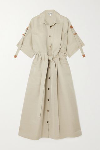 Loewe + Belted Leather-Trimmed Linen-Blend Midi Shirt Dress