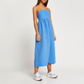 River Island + Blue Textured Cami Midi Dress