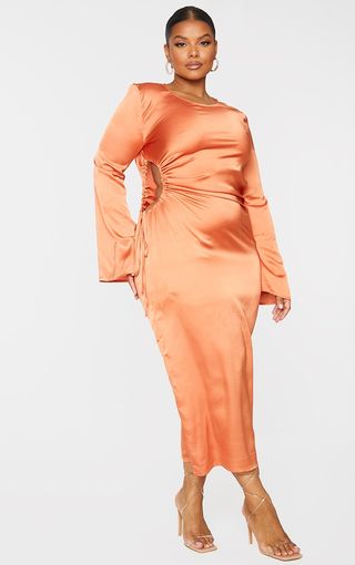 PrettyLittleThing + Orange Satin Cut Out Long Sleeve Dress