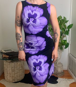 La Belle + Vintage 90s Purple Floral Body Con Midi Dress