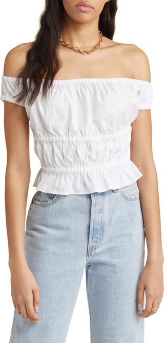 Open Edit + Shirred Off the Shoulder Cotton Top