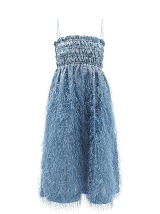 Ganni + Feather-Trimmed Shirred Brocade Midi Dress