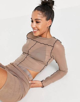 ASOS Design + Mesh Long Sleeve Top With Scarf Hem and Seam Detail in Brown