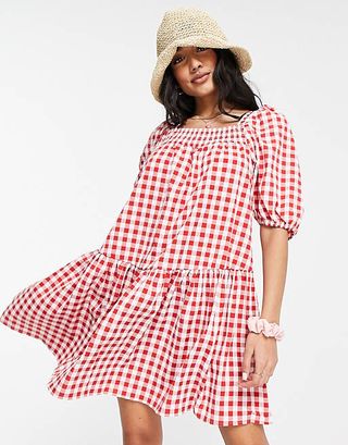 QED London + Square Neck Mini Smock Dress in Red Gingham
