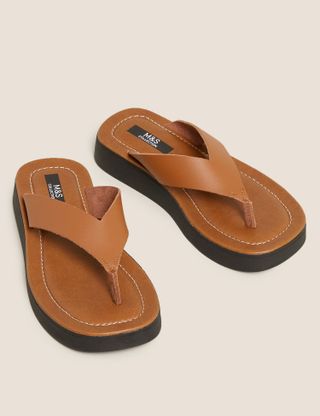Marks and Spencer + Leather Flatform Flip Flops in Tan