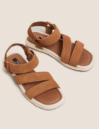 Marks and Spencer + Leather Ankle Strap Flat Sandals in Tan