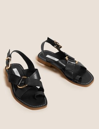 Marks and Spencer + Leather Buckle Toe Loop Sandals in Black
