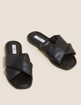 Marks and Spencer + Leather Flat Open Toe Sliders in Black