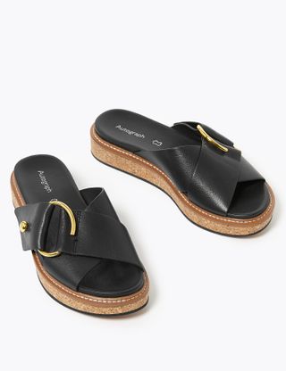 Marks and Spencer + Leather Ring Detail Footbed Sandals in Black