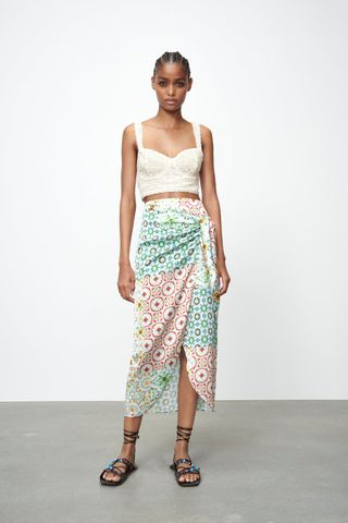 Zara + Printed Wrap Skirt With Knot