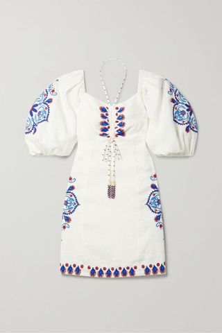 Farm Rio + Embellished Embroidered Linen-Blend Mini Dress