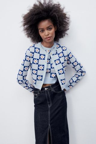 Zara + Floral Jacquard Knit Cardigan