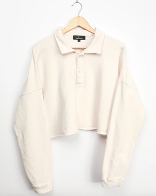 Lulu's + Settle Down Ivory Long Sleeve Collared Pullover Sweatshirt