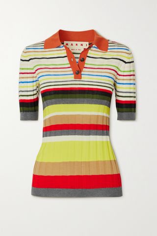 Marni + Striped Ribbed Wool Polo Shirt