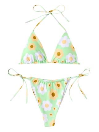 Romwe + Floral Print String Triangle Halter Bikini