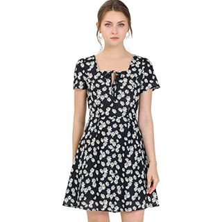 Allegra K + Casual Square Neck Short Sleeve Fit and Flare Dress