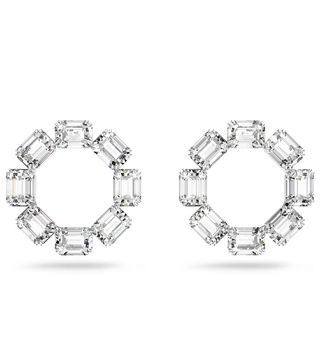 Swarovski + Millenia Hoop Earrings, Octagon Cut Crystals, White, Rhodium Plated