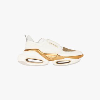 Balmain + White and Gold BBold Low-Top Sneakers